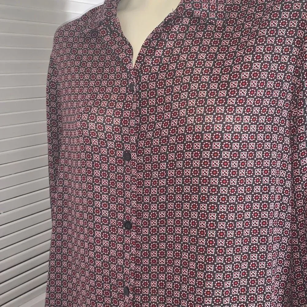 Vintage 90’s Chiffon Burgundy Wine Floral Retro Print Button Down Long Sleeve To